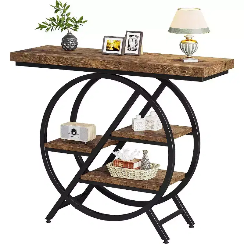 Lantine 4-Tier Console Table, 39.37-Inch Entryway Table with Storage Shelves, Sofa Table with Geometric Metal Frame