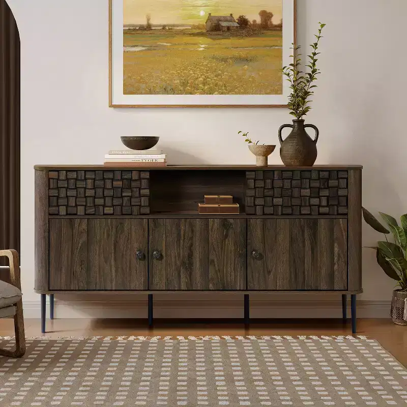 Dark Oak Manufactured Wood with Basket Weave 3-Door and 2-Sliding Door Sideboard Cabinet