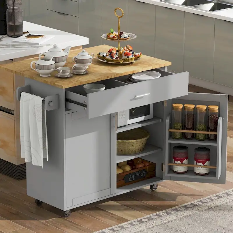 Kitchen Island with Rubber Wood Top, Spacious Drawer, Internal Storage Rack, Wheels