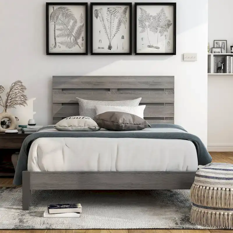 Rustic Slatted Headboard Platform Bed with Tapered Legs and Wood Slats – Distressed Grey, Queen / California King, 2-Person Use