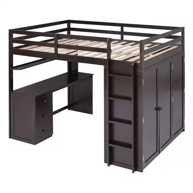 CLIHOME Full size Loft Bed with 3 Storage Drawers, Desk and Wardrobe