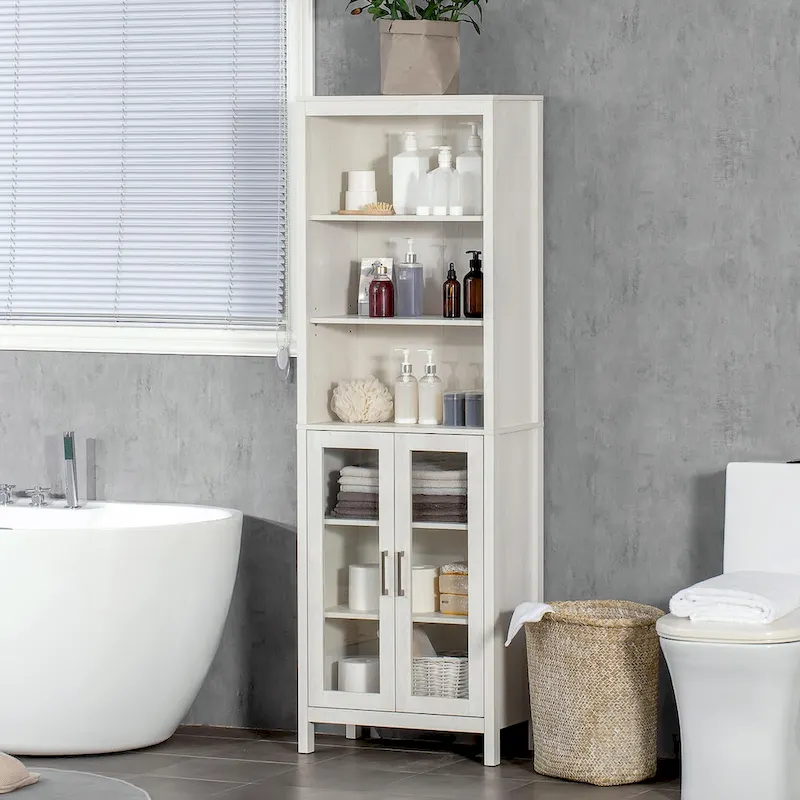 Tall Bathroom Cabinet, Linen Tower with Adjustable Shelves, 3 Tier Shelf & 2 Glass Door