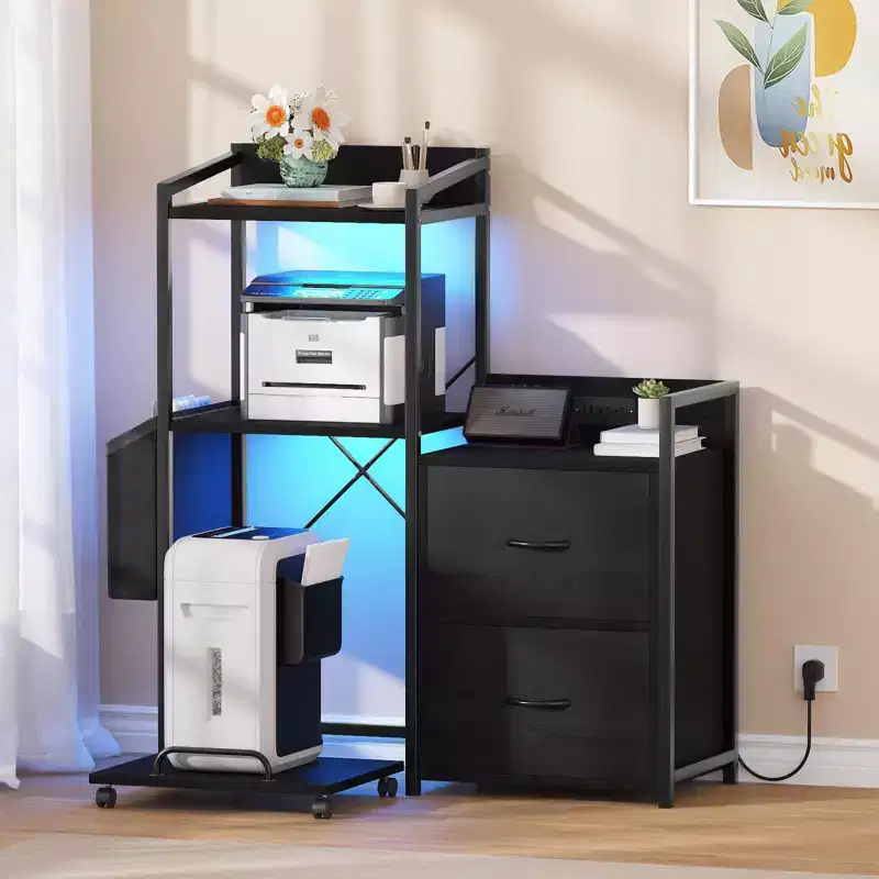 File Cabinet, Filing Cabinet Fits Letter/a4 Size, 2 Drawe File Cabinets for Home Office with Power Strip, LED Lights, Open Shelf