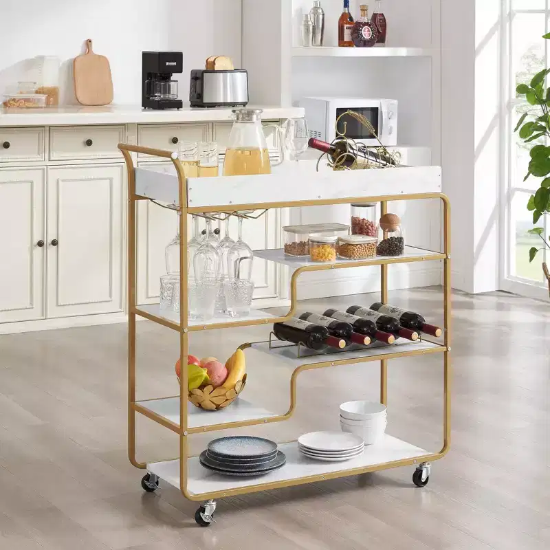 NAYSAYE Bar Serving Cart Retro Style Beverage Trolley with Wine Rack and Glass Holder for Living Room , Gold, 35.63*13.98*40.35