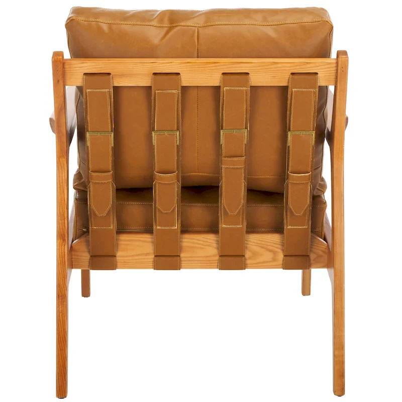 Solid Ashwood Accent Chair with Padded Cushion, Reclining Frame, Caramel Brown Stain-Resistant Fabric