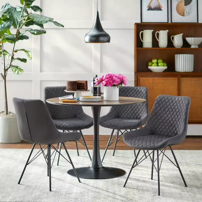 angelo:HOME 5pc Kavitt Dining Set Walnut: Modern Upholstered Chairs, Metal Frame, Pedestal Table