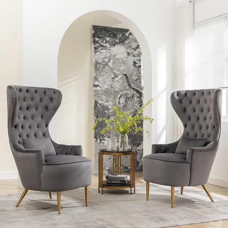 KINWELL Tufted High Wingback Accent Chairs Velvet Armchairs, Set of 2