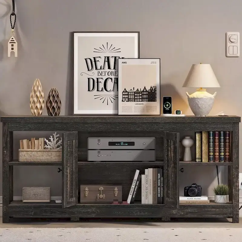 Grey Farmhouse MDF TV Stand with Power Outlets, USB Ports and 3-Tier Open Shelves for 1 Person, Fits TVs up to 65