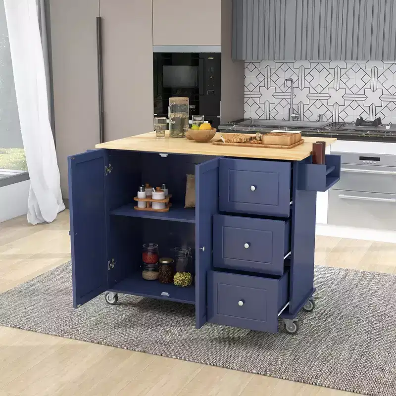 Rolling Kitchen Island with Solid Wood Top, Drop Leaf Bar, Locking Wheels, Storage Cabinet, Spice Rack, Towel Rack and Drawer, 52.7inch