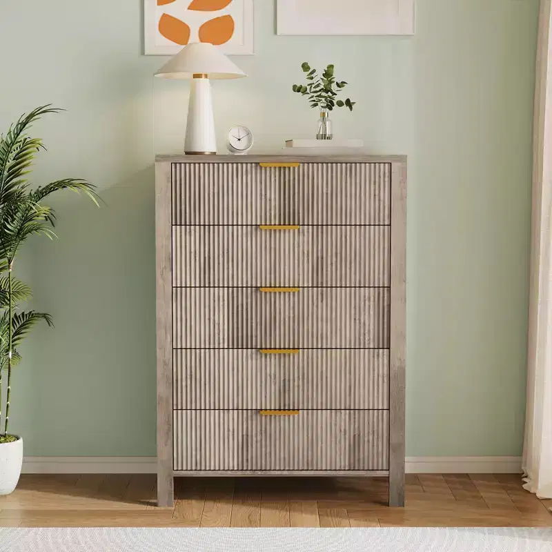 Fluted 5 Drawer Dresser, 45 Inch Tall Slim Dresser for Small Spaces, Modern Farmhouse Wooden Chest of Drawers for Bedroom Nursery Apartment