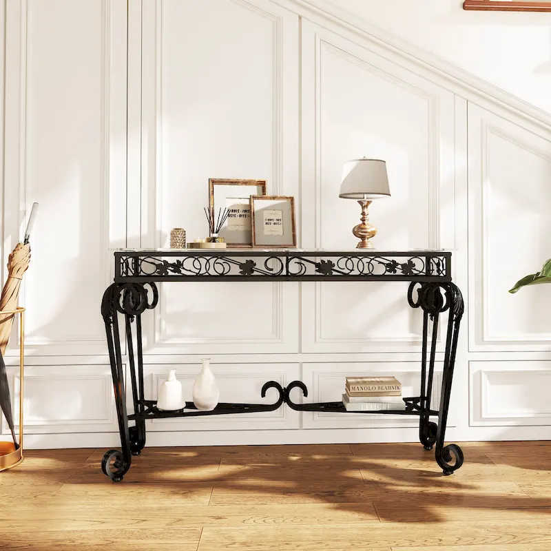 Modern Style Glass and Metal Table, Console Tables for Entryway, Sturdy Hallway Table with Storage, Easy Assembly Sofa Tables