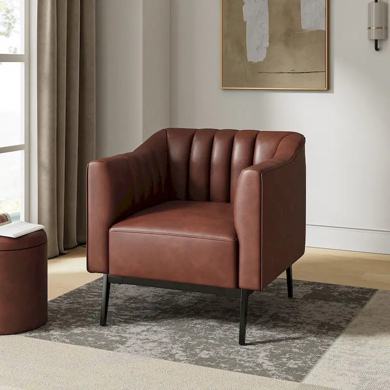 Alfons Industrial Leather Chair with Channel Tufting and Metal Leg by HULALA HOME