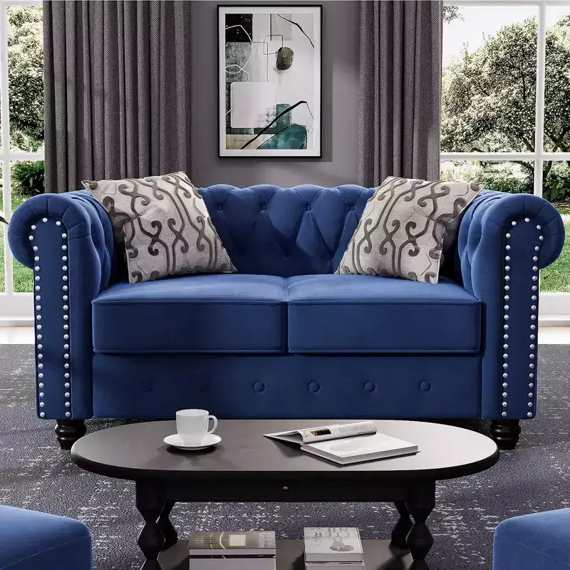 60 in. Velvet Blue Couches 2-Seater Loveseat for Living Room Furniture Sets-Morden Fort