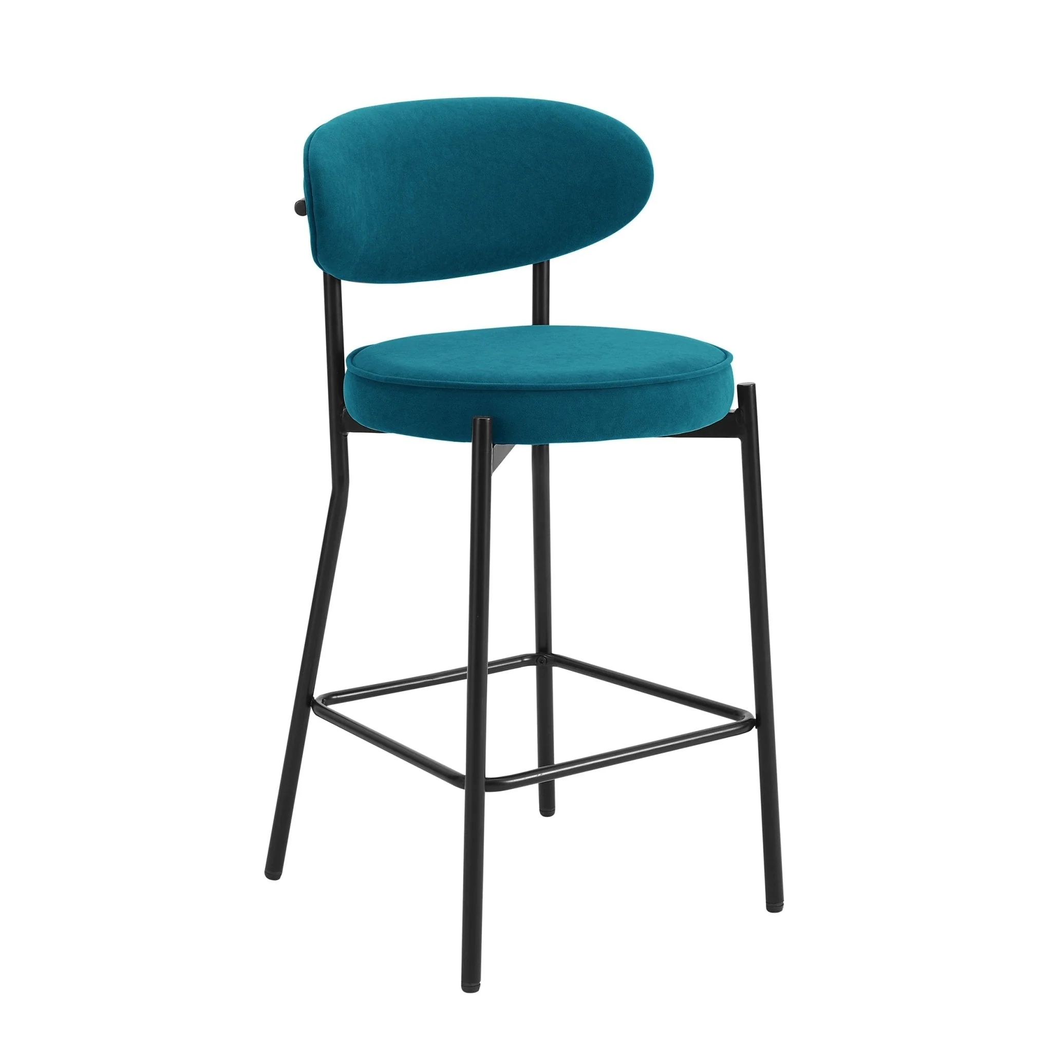 Contemporary Teal Matte Velvet Barstool with Rounded Back for Kitchen