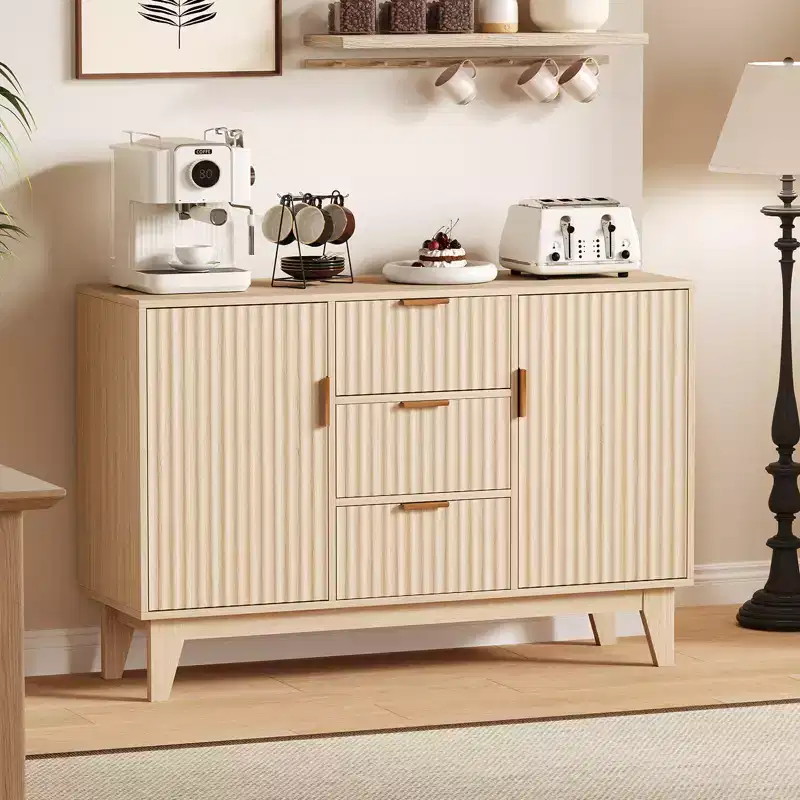 Fluted Sideboard Buffet Cabinet, 47.2in Coffee Bar Cupboard with 3 Drawers & 2 Doors
