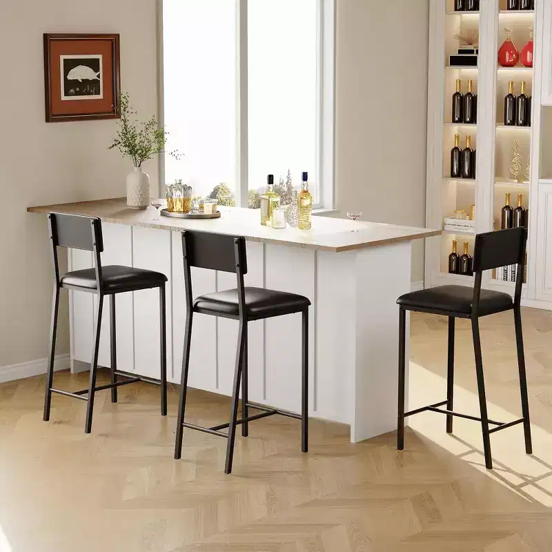 Bar Stools 2/4 Pcs, Counter Height Upholstered Faux Leather Kitchen Breakfast Bar Chairs with Backrest, Footrests