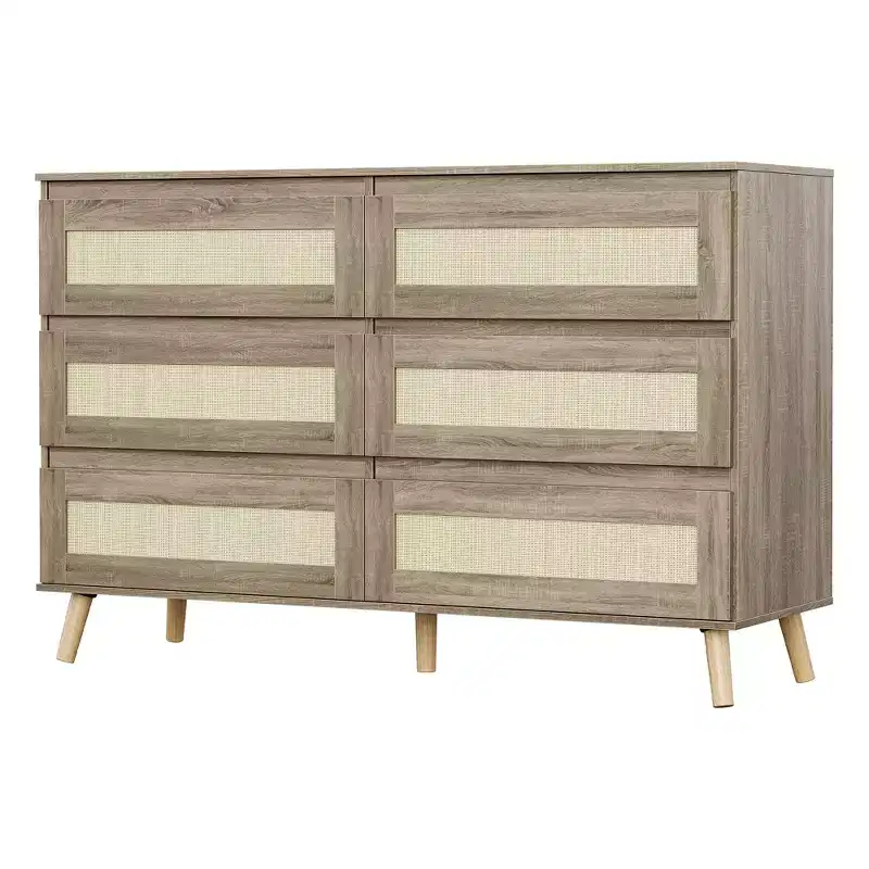 Rattan 6 Drawer Dresser for Bedroom, Large Double Dresser with Deep Drawers, Wooden Chest of Drawers for Closet with Wide Top