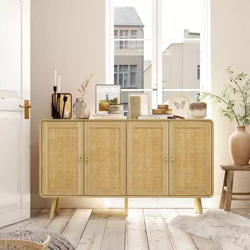 Famapy Boho - Inspired Storage Cabinet with Rattan - Woven Doors and Gold Handles - Versatile for Bedroom, Study, Restaurant & Living Room