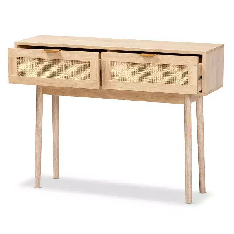 Baird Wood and Rattan 2 Drawer Console Table Brown - Baxton Studio: Gold Tone Handles, Bohemian Style