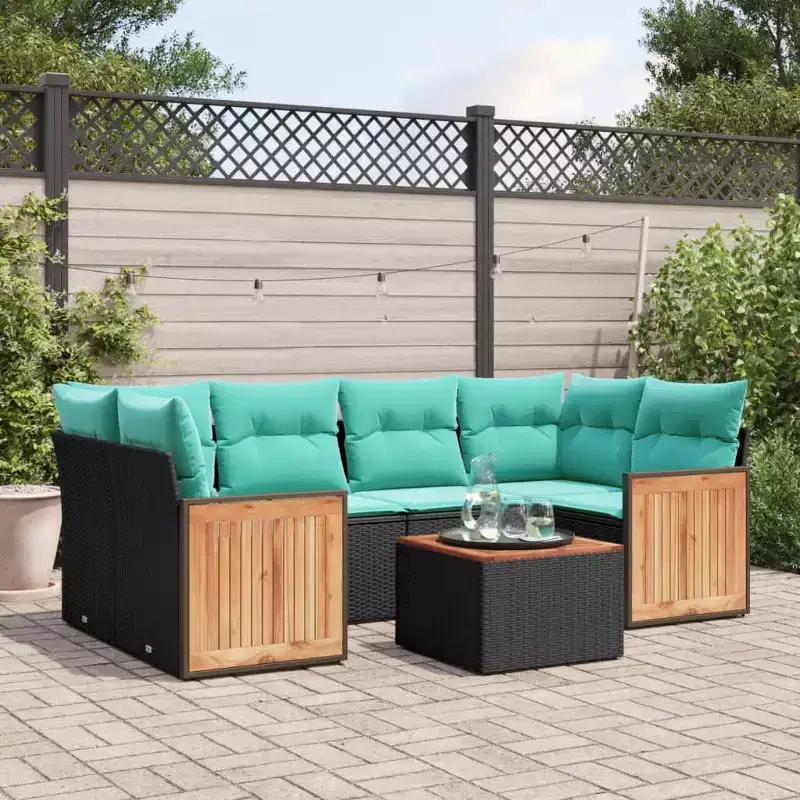 vidaXL 7 Piece Patio Sofa Set with Cushions Black Poly Rattan
