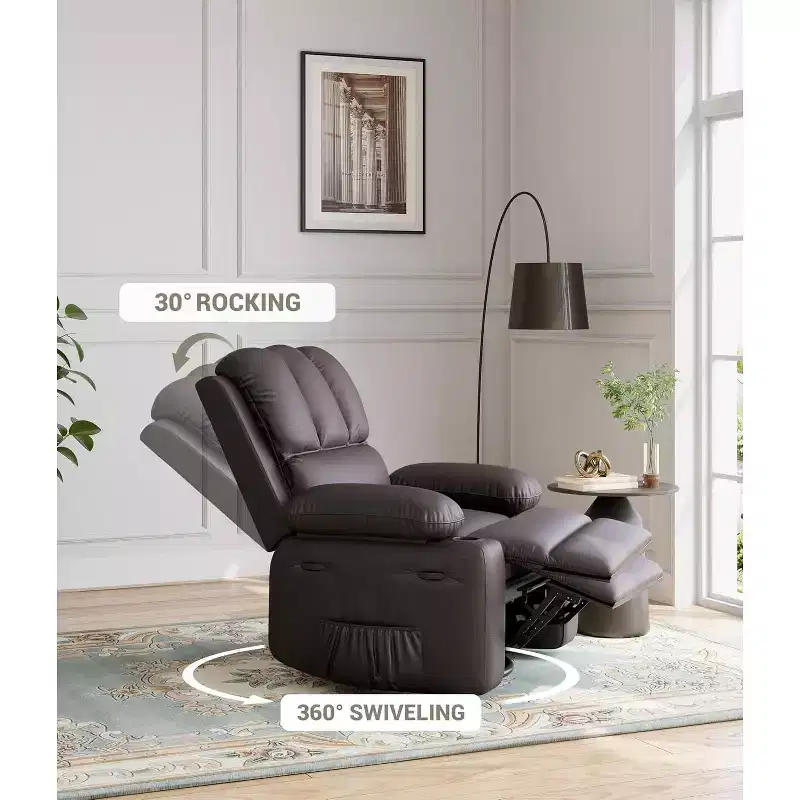 22 rocker swivel recliner with 1.5X sponge filling, side pocket, and cup holder; vintage leather, ideal for living rooms, bedrooms, and nurseries.