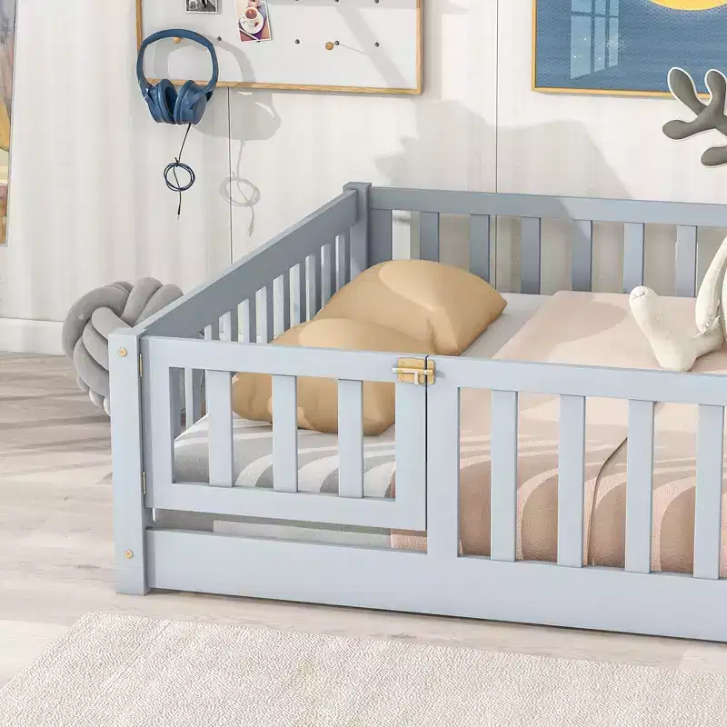 Full Size Floor Bed with Fence and Door, Rubber Wood Floor Bed Guardrails Gray