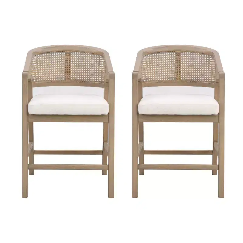 Christopher Knight Home Nat Upholstered Rubberwood Counter Stools with Curved Cane Back (Set of 2)