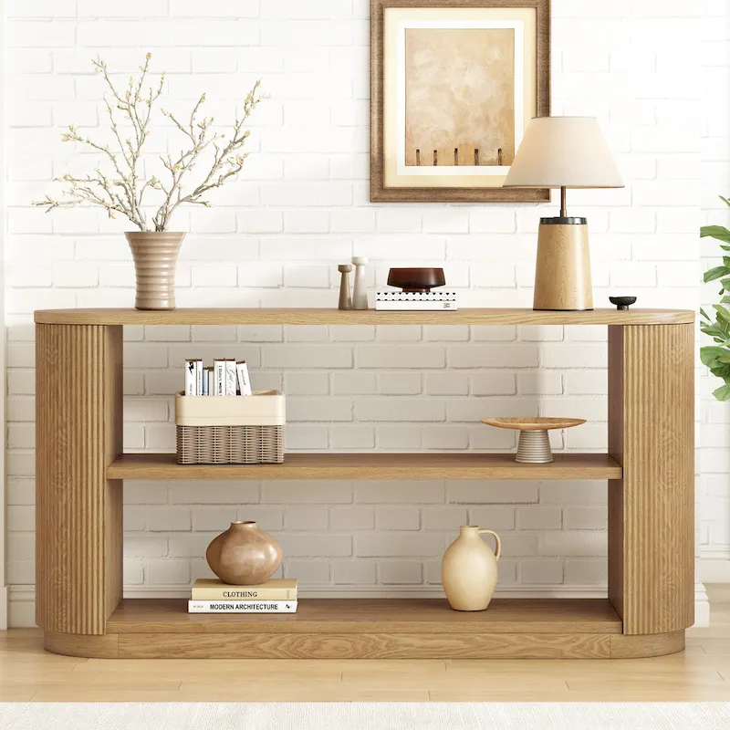 Console Table with Open Shelves and Fluted Wood Veneer