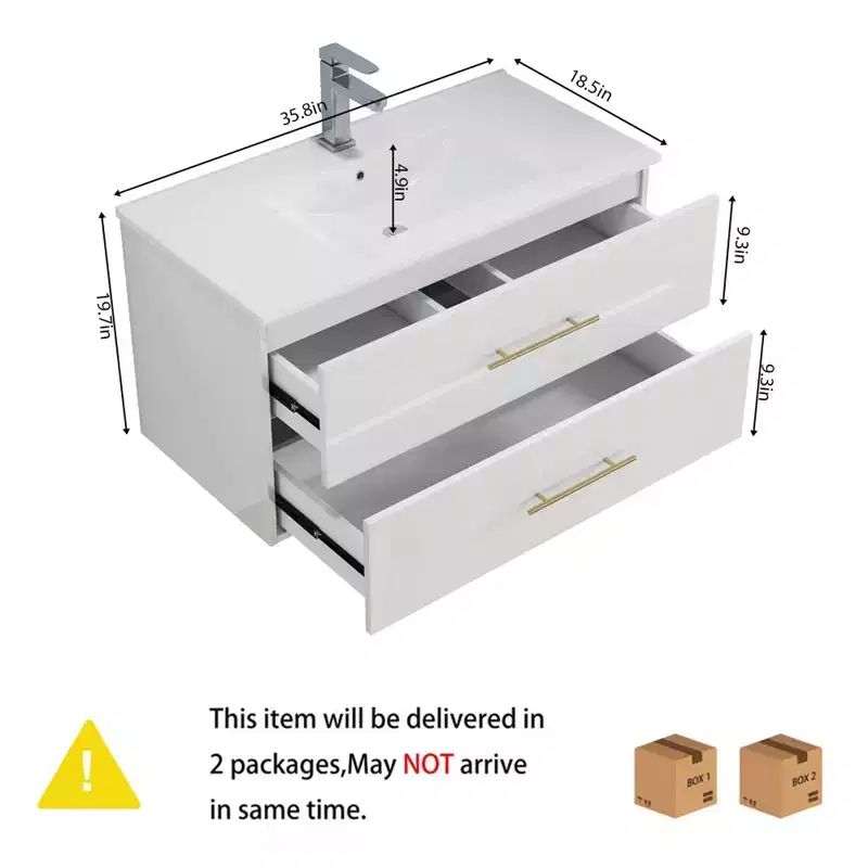 Bathroom Vanity Wall-Mounted with Sink, Double Drawers, Ceramic Sink, Long Metal Handle, Easy to Install