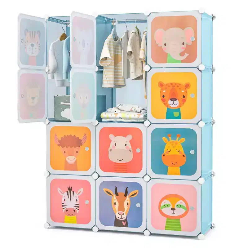 12-Cube Kids Wardrobe Baby Dresser Bedroom Armoire Clothes Hanging Closet with Door Blue/Pink