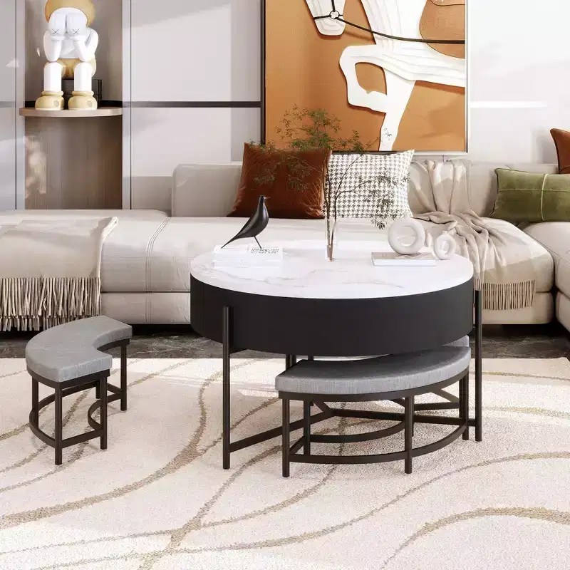 Whisen Modern Round Lift-Top Coffee Table with Hidden Storage & 3 Ottoman Set