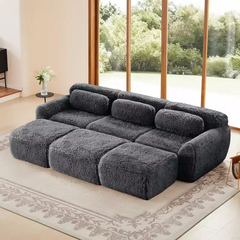 3-Seat Plush Sofa with Ottoman, 32D HD Foam, No Assembly, Anti-Slip Base, Modular for Living Room/Home Theater