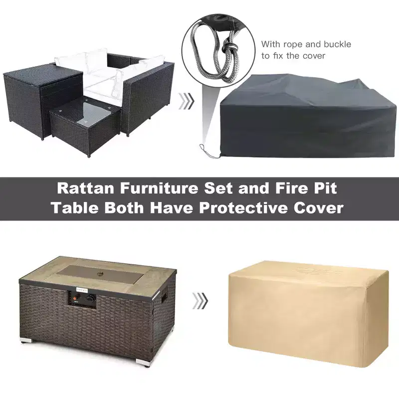 Costway 6PCS Patio Rattan Furniture Set 32'' Fire Pit Table Tank Holder with Cover Beige/Navy/Red/Turquoise