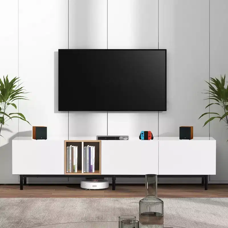 JVNOXK 77inch Modern TV Stand, suitable for 80-inch TVs, featuring 3 cabinet doors, media console desk with ample storage, ideal for living rooms