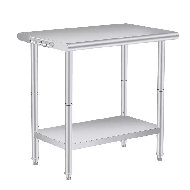 Stainless Steel Workbench, 2-Tier Commercial Kitchen Prep Table, with Shelves and Hooks, Heavy-Duty Workbench, Suitable for Restaurants and Garages