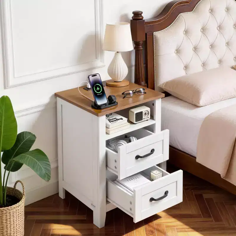 VEVOR Farmhouse Nightstands, with Charging Station, Set of 2, End Tables with 2 Drawers and Open Shelf, Bedside Storage Cabinets, with USB Port, White