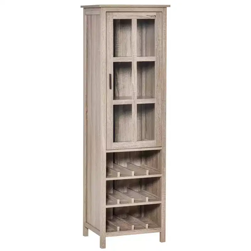 Tall Wine Cabinet, Bar Display Cupboard with 12-Bottle Wine Rack, Glass Door and 3 Storage Compartments for Living Room, Home Bar, Dining Room