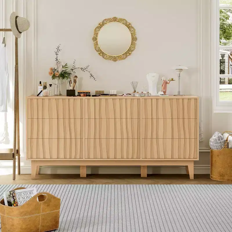 COZONY 57 Wide Fluted Dresser with 9 Drawers, Modern Wooden Storage Cabinet for Bedroom or Living Room