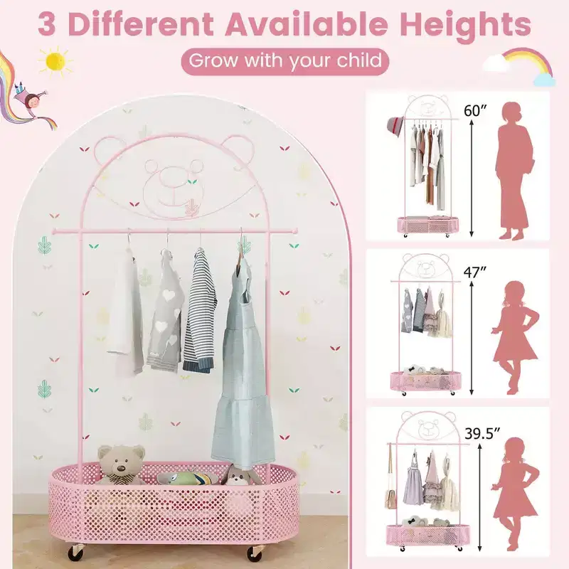 Kid Clothes Rack with 3 Adjustable Heights Home Freestanding Clothes Rack White/Pink