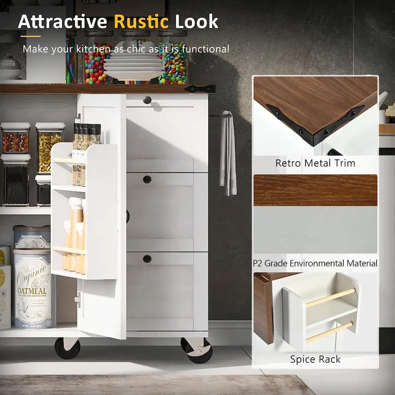 Farmhouse Kitchen Island with Power Outlet and Rolling Cart
