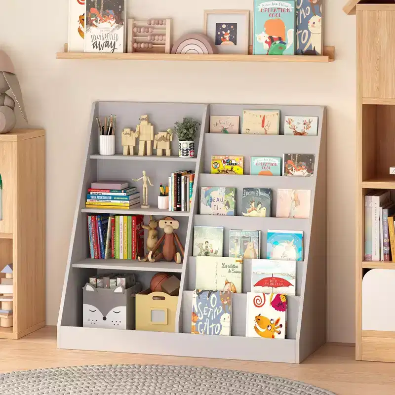 4 Tier Multifunctional Kids Bookshelf Toy Storage Organizer,Wooden Kids Bookcase with Display Stand for Kids Bedroom,Playroom