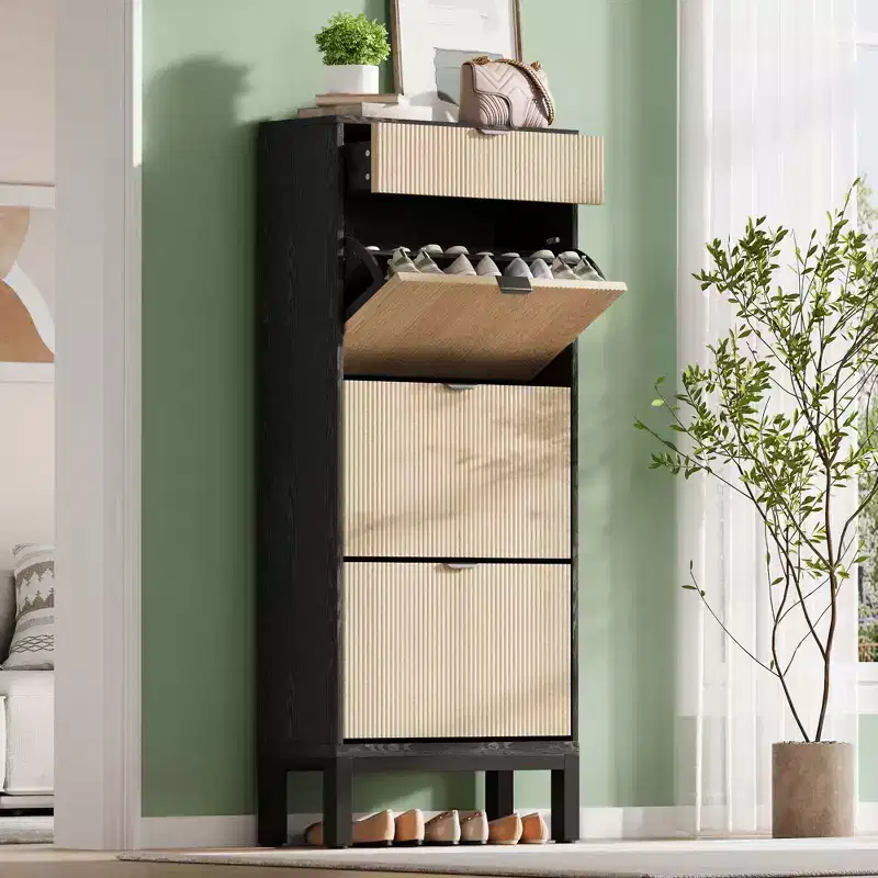 3 Flip Drawers & 1 Small Drawer, Shoe Cabinet, , Narrow Wooden Shoe Rack with Metal Legs for Entryway
