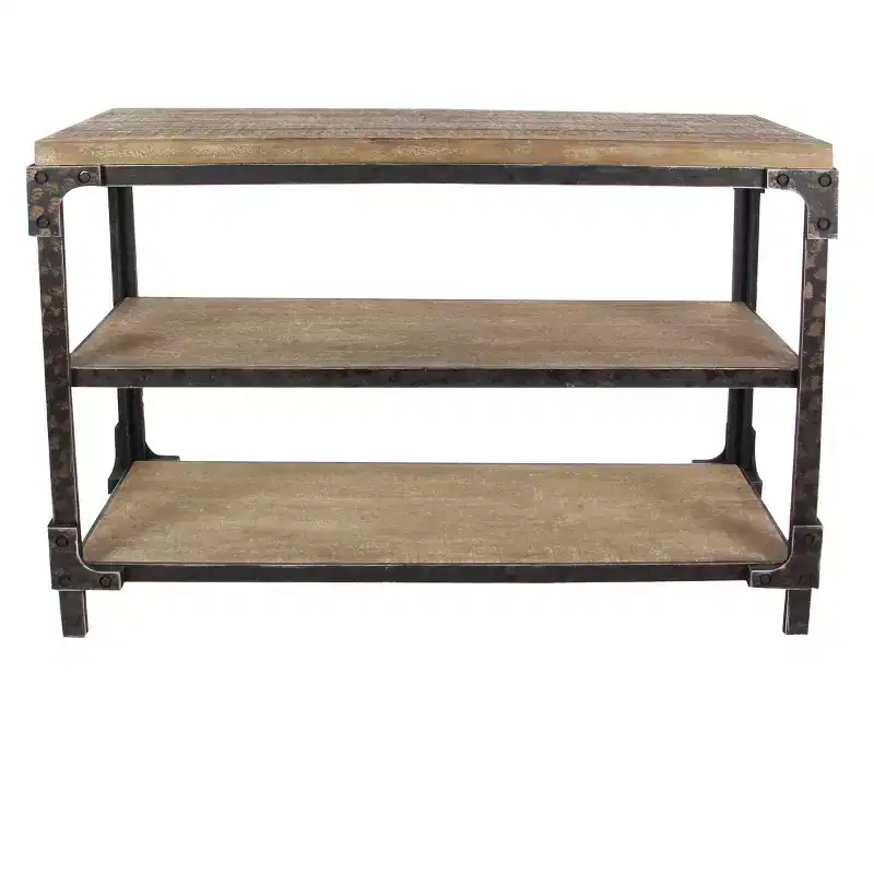 Rustic 3-Tier Console Table, Brown Industrial Style with Fixed Shelves and Wood Frame, Entryway Storage