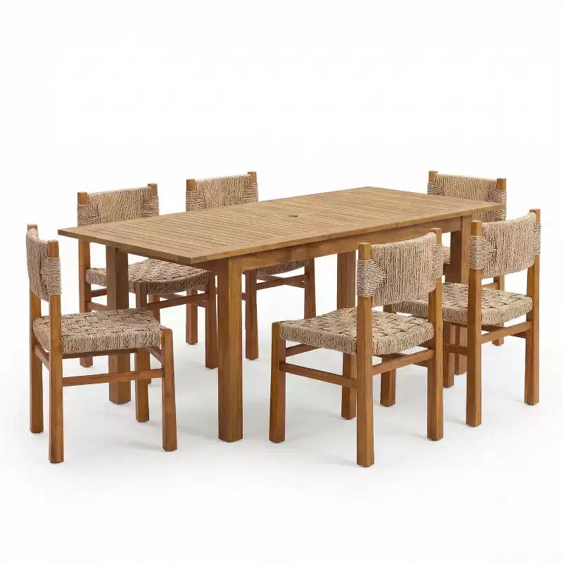Christopher Knight Home Lan Farmhouse 7 Piece Acacia Wood Dining Set with Expandable Table and Wicker Design