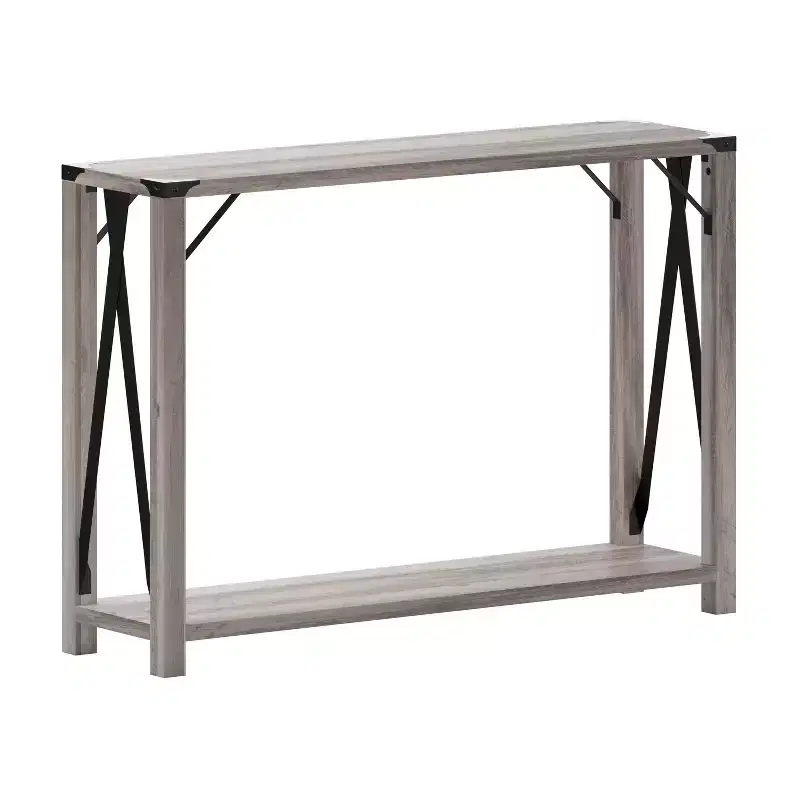 Modern Farmhouse Wooden 2 Tier Console Entry Table with Metal Corner Accents and Cross Bracing