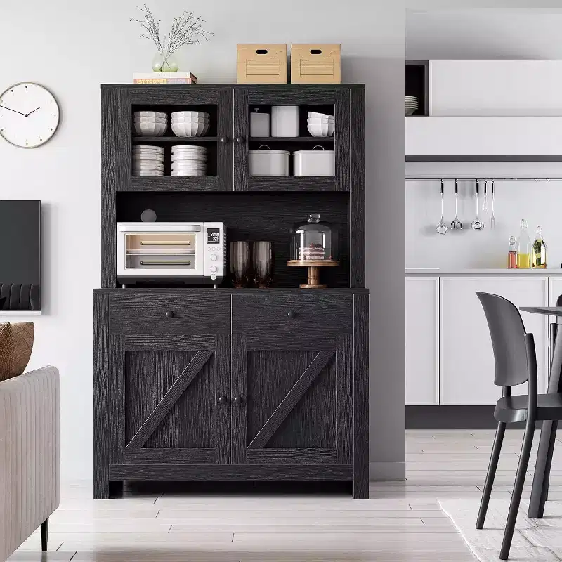 63'' Tall Kitchen Pantry Storage Cabinet with Microwave Stand, Drawers & Glass Doors, Farmhouse Hutch Cabinet Coffee Bar Station for Apartments