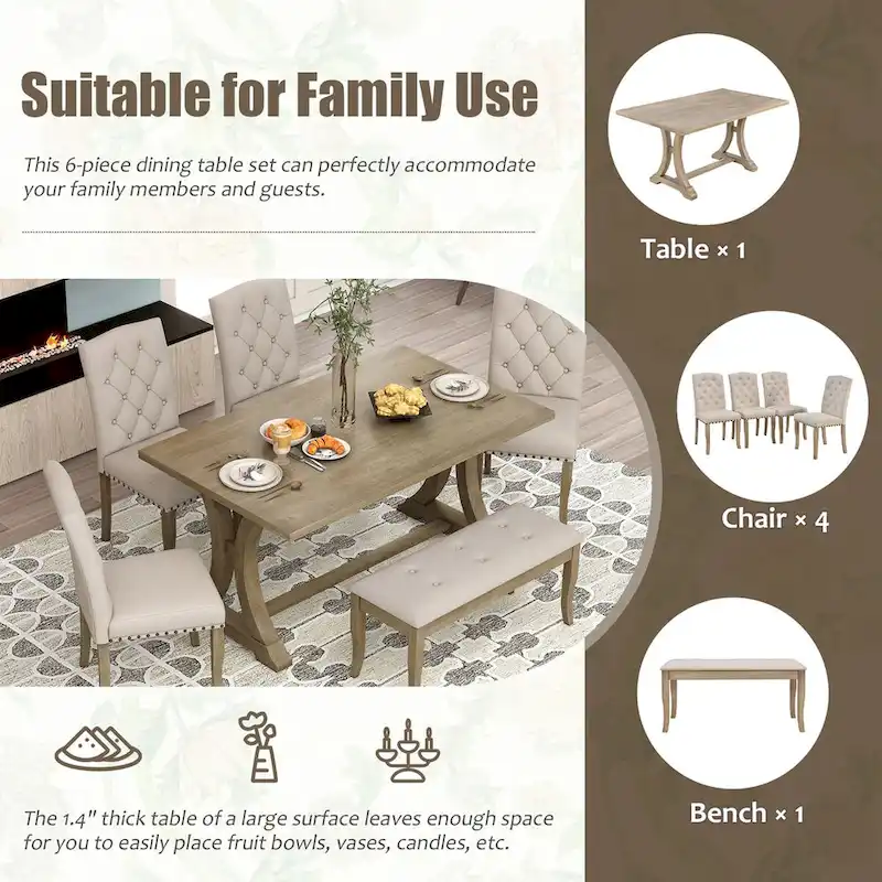 6-Piece Farmhouse Dining Table Set, Rectangular Trestle Table and 4 Upholstered Chairs & Bench