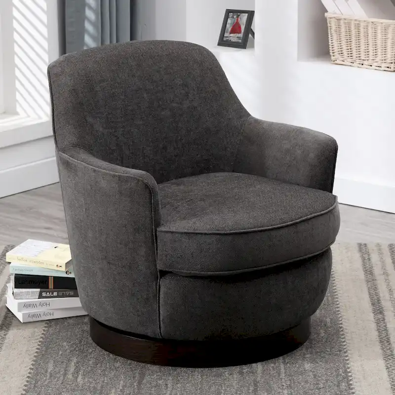 360° Swivel Accent Chair – Walnut Wood Base & Reversible Cushion
