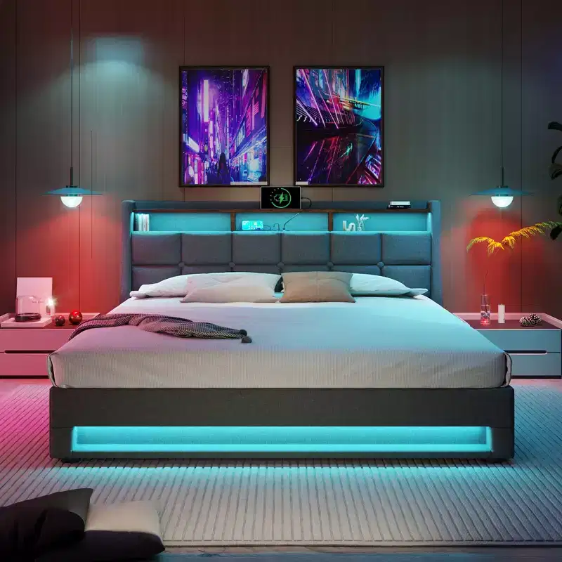 Queen Bed with Hydraulic Storage, LED, USB, Upholstered Headboard, No Box Spring, Easy Assembly