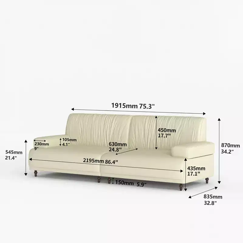 Gaoyangjiaju 86.4 inch leather medieval modern sofa with solid wood frame and feet